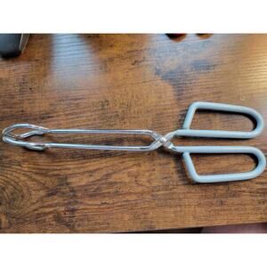 Vintage Light Blue/Grey Rubber Handle 10" Stainless Steel Tongs - Made in Taiwan